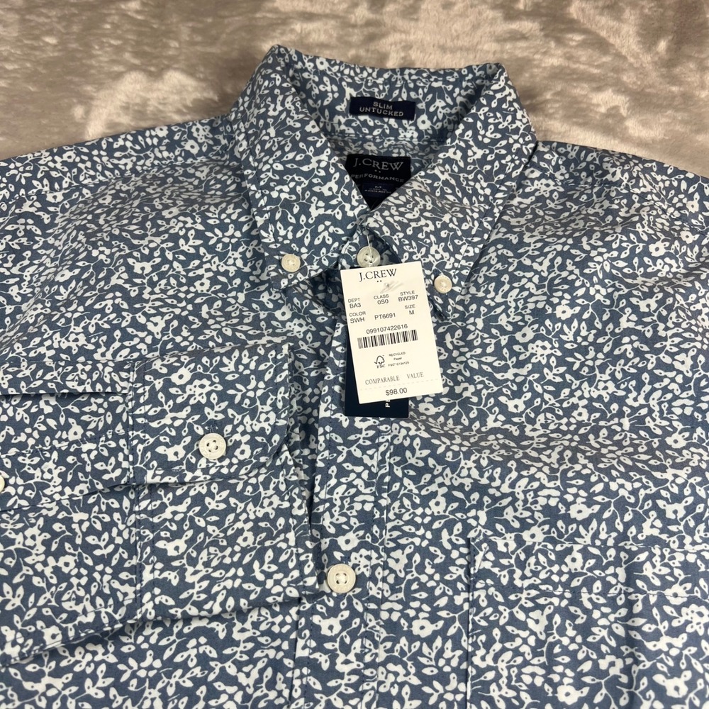 NWT J.Crew Men's Medium M Slim Untucked Performance Shirt Blue White Floral